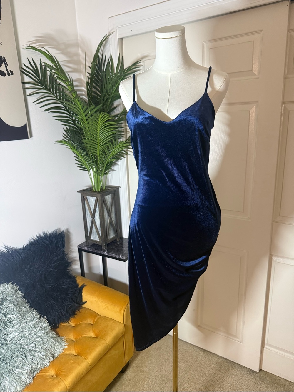 Windsor Midnight Blue Asymmetrical Velvet Slip Dress